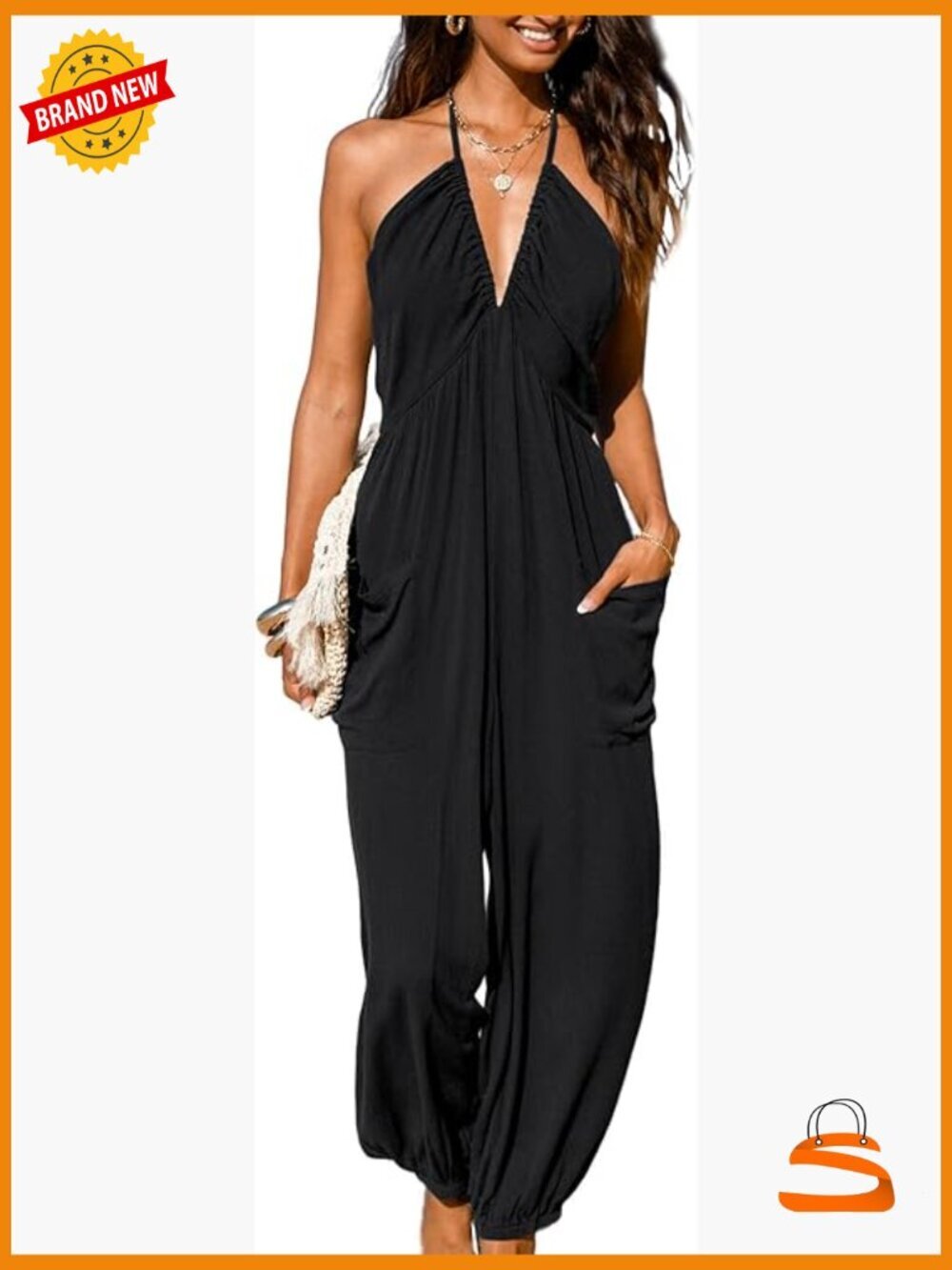 Pleated Halter Jumpsuit with Pockets, Sleeveless Maxi Romper, Size Medium